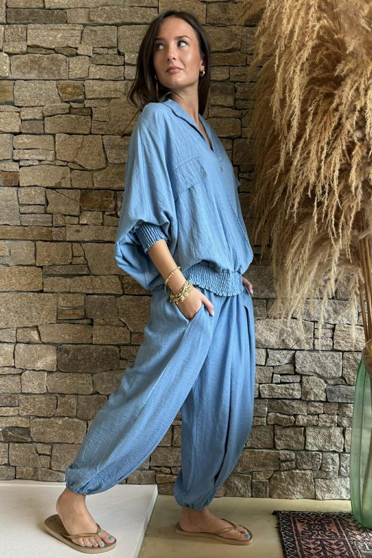 Basso Button Drape Batwing Shirt Denim